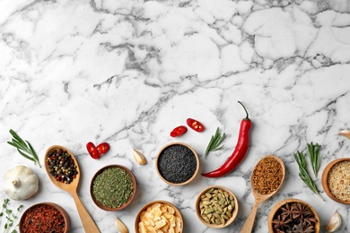 Flat lay composition with different aromatic spices and space for text on marble background