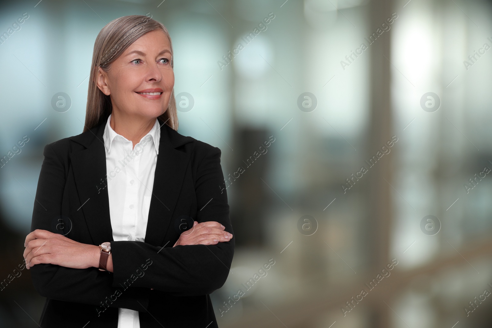 Image of Lawyer, consultant, business owner. Confident woman smiling indoors, space for text