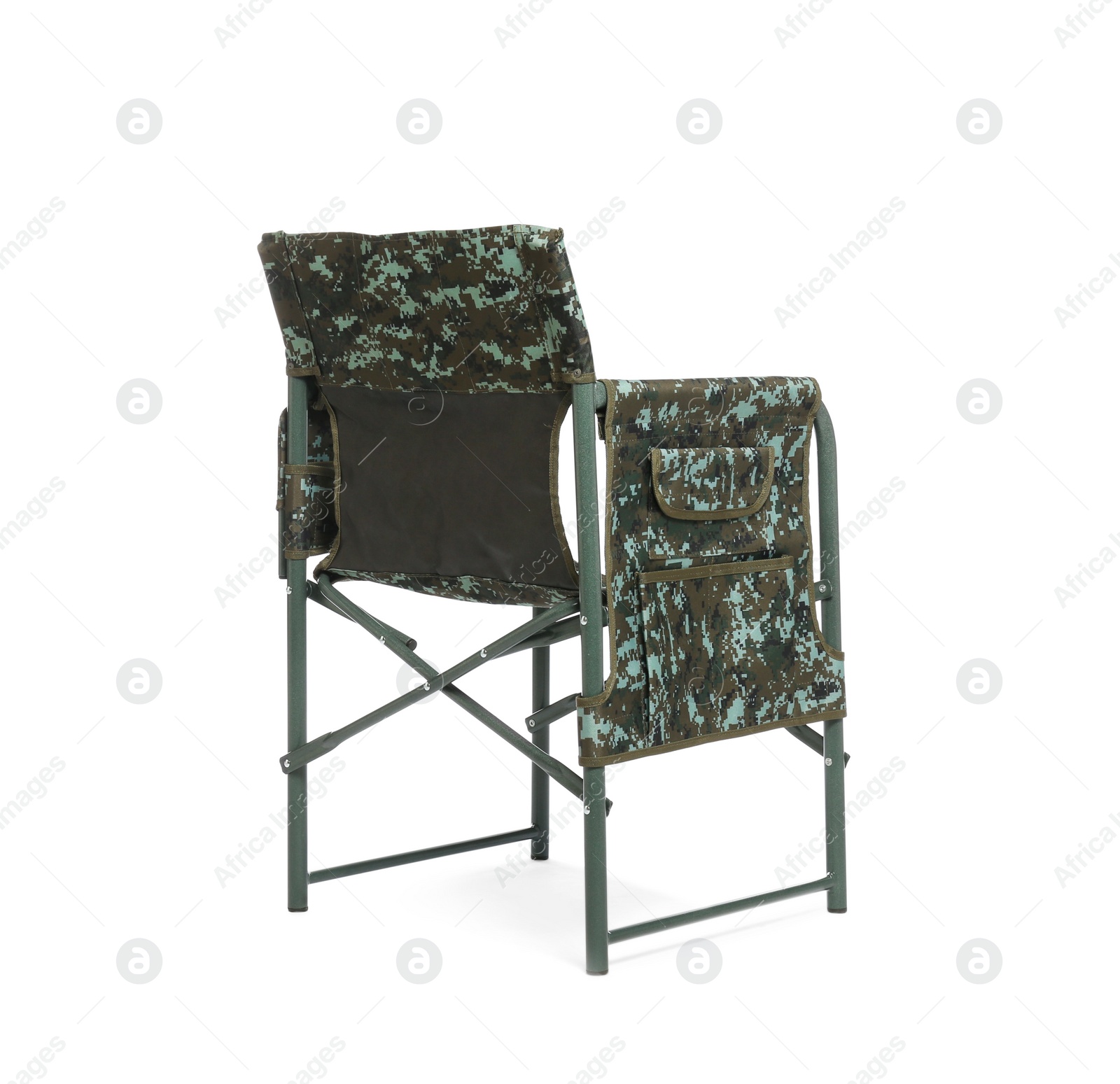 Photo of Comfortable camouflage fishing chair on white background