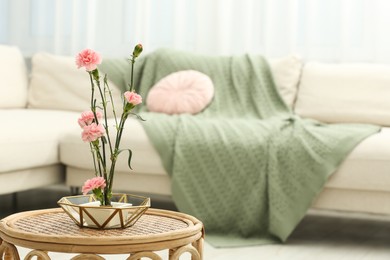 Photo of Ikebana art. Beautiful pink carnation flowers carrying cozy atmosphere at home, space for text