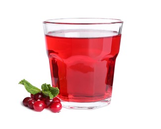 Photo of Tasty cranberry juice in glass, fresh berries and mint isolated on white