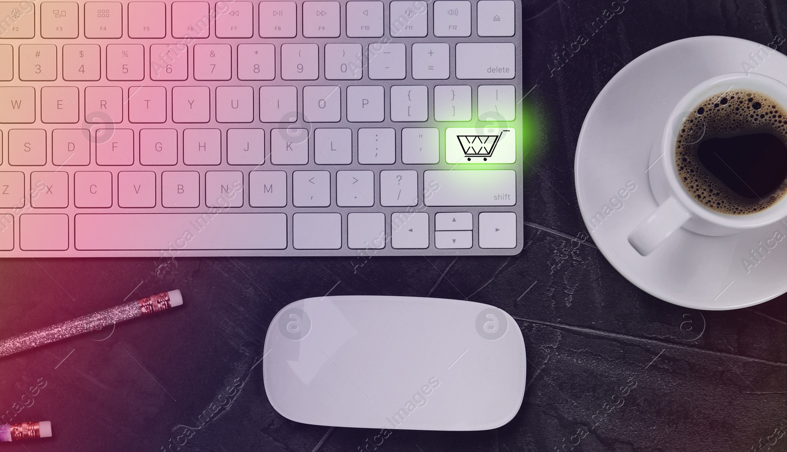 Image of Flat lay composition of modern computer keyboard with cart symbol and coffee on grey table. Internet shopping