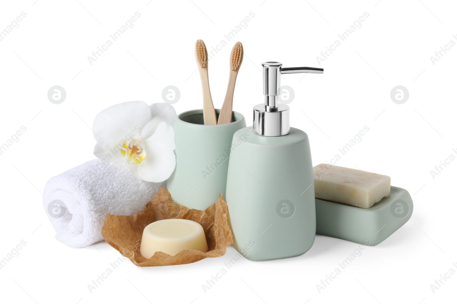 Photo of Bath accessories. Set of different personal care products and flower isolated on white