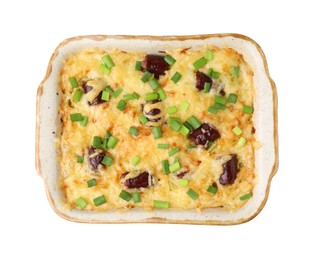 Photo of Tasty sausage casserole with green onions in baking dish isolated on white, top view