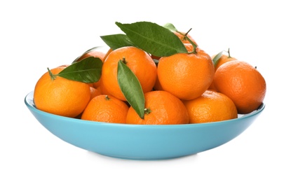 Photo of Fresh tangerines in ceramic light blue bowl on white background