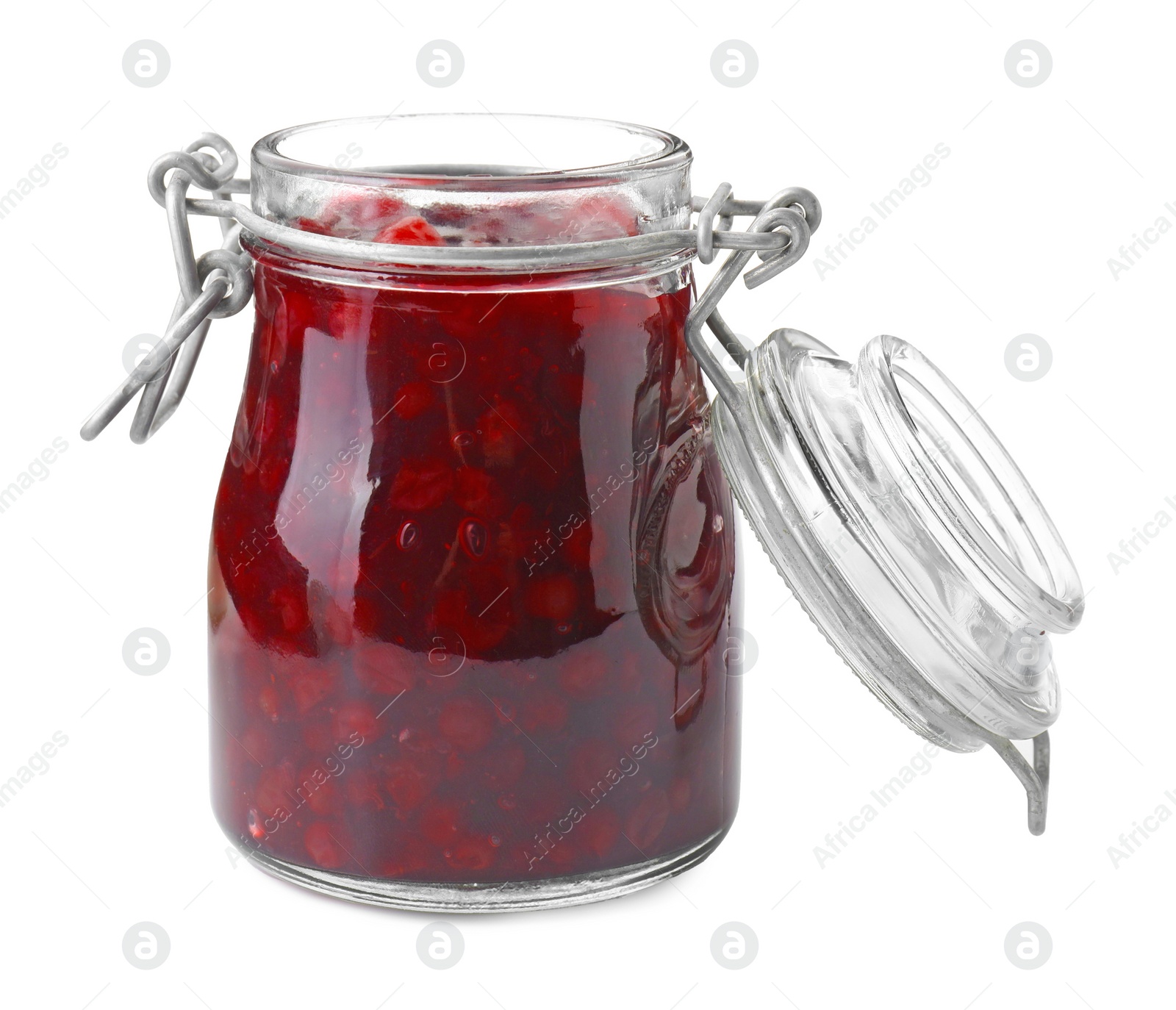 Photo of Fresh cranberry sauce in glass jar isolated on white