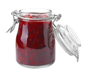 Fresh cranberry sauce in glass jar isolated on white