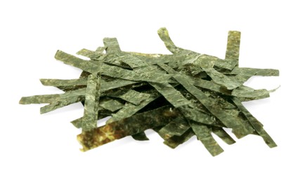 Pile of chopped crispy nori sheets on white background