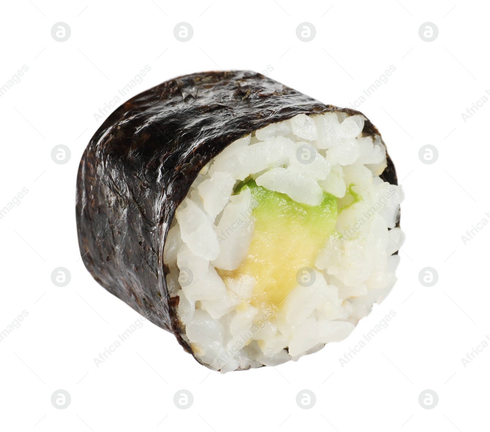 Photo of Delicious fresh sushi roll with avocado isolated on white