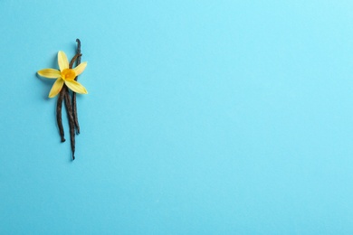 Flat lay composition with vanilla sticks and flower on blue background. Space for text