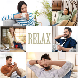 Image of Collage of different people resting indoors and word Relax