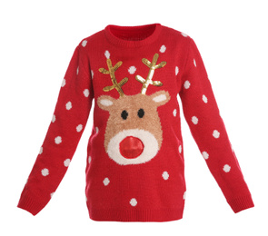Image of Warm Christmas sweater with reindeer on white background