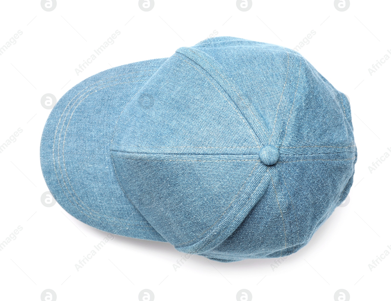 Photo of Stylish light blue baseball cap on white background, top view