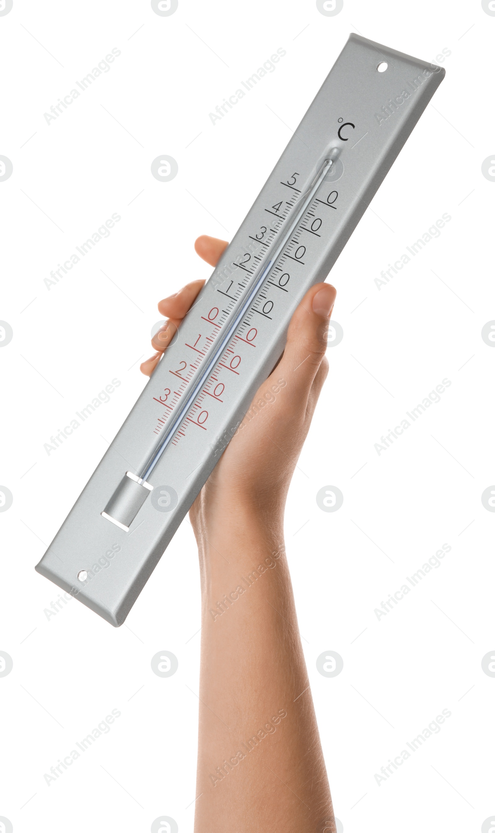 Photo of Woman holding weather thermometer on white background, closeup