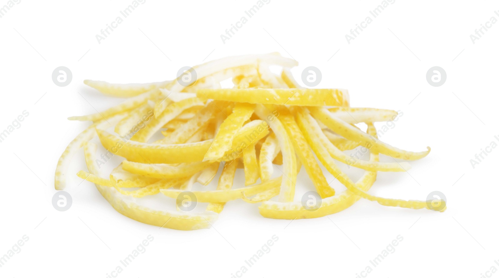 Photo of Pieces of fresh lemon peel on white background. Citrus zest