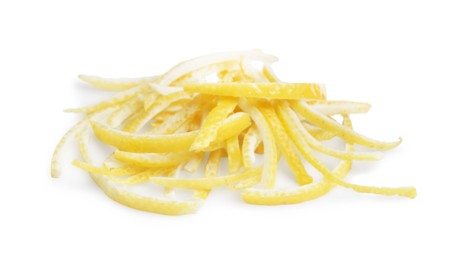 Photo of Pieces of fresh lemon peel on white background. Citrus zest