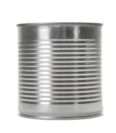 Photo of Closed tin can isolated on white, mockup for design