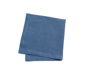 Photo of Blue folded fabric napkin on white background, top view