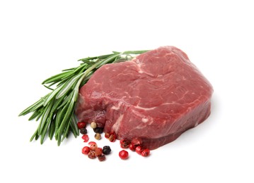 Photo of Piece of fresh beef meat with rosemary and spices isolated on white
