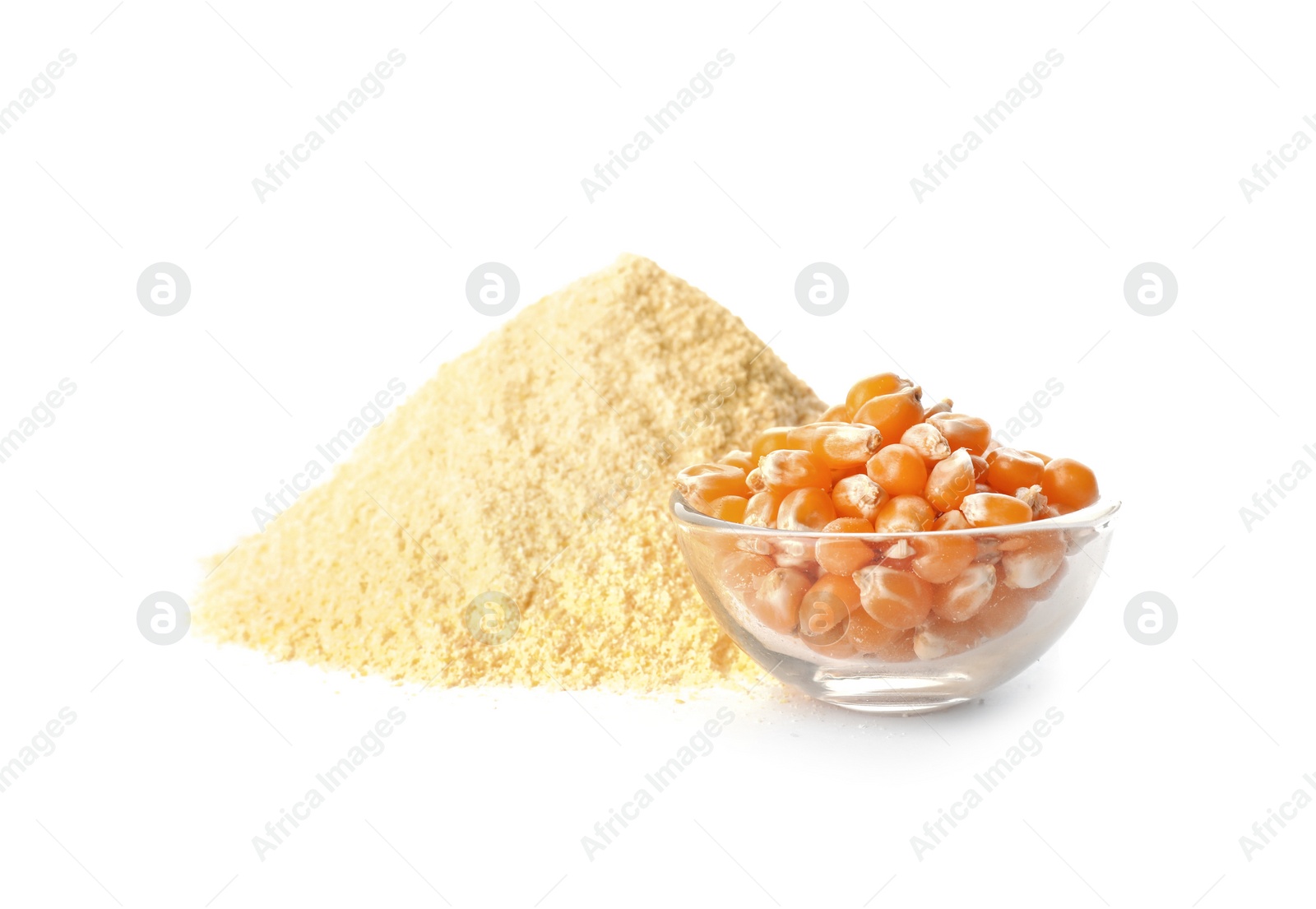 Photo of Pile of fresh flour and bowl with corn seeds isolated on white