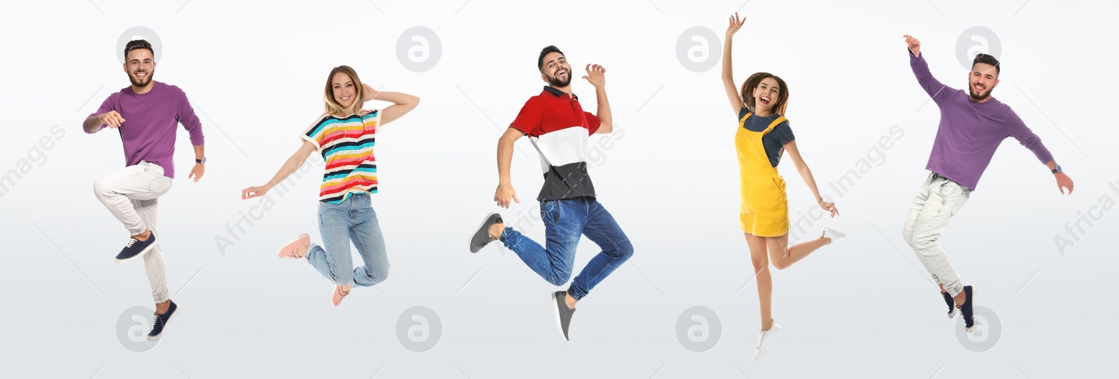 Image of Collage with photos of young people in fashion clothes jumping on white background. Banner design