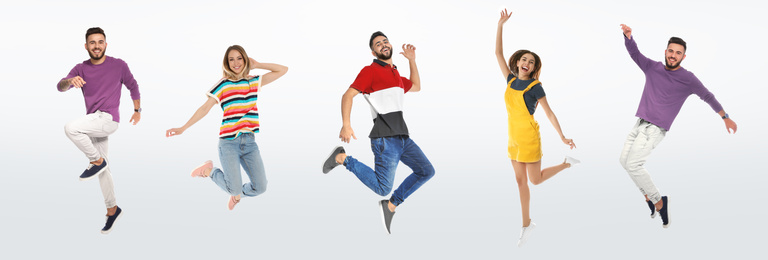 Collage with photos of young people in fashion clothes jumping on white background. Banner design