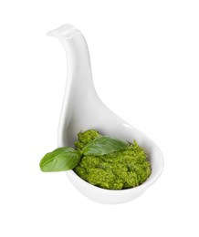 Photo of Fresh tasty pesto sauce isolated on white