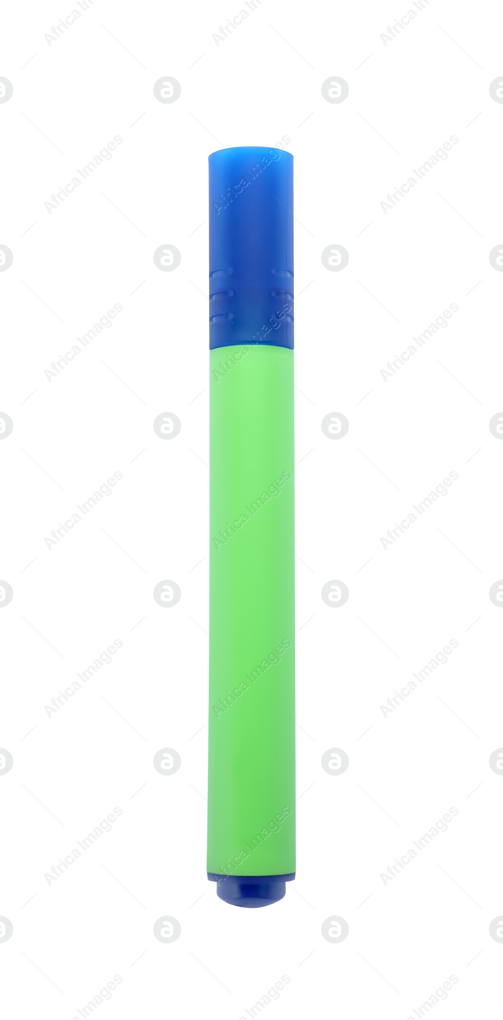 Photo of Bright color highlighter pen isolated on white, top view. School stationery