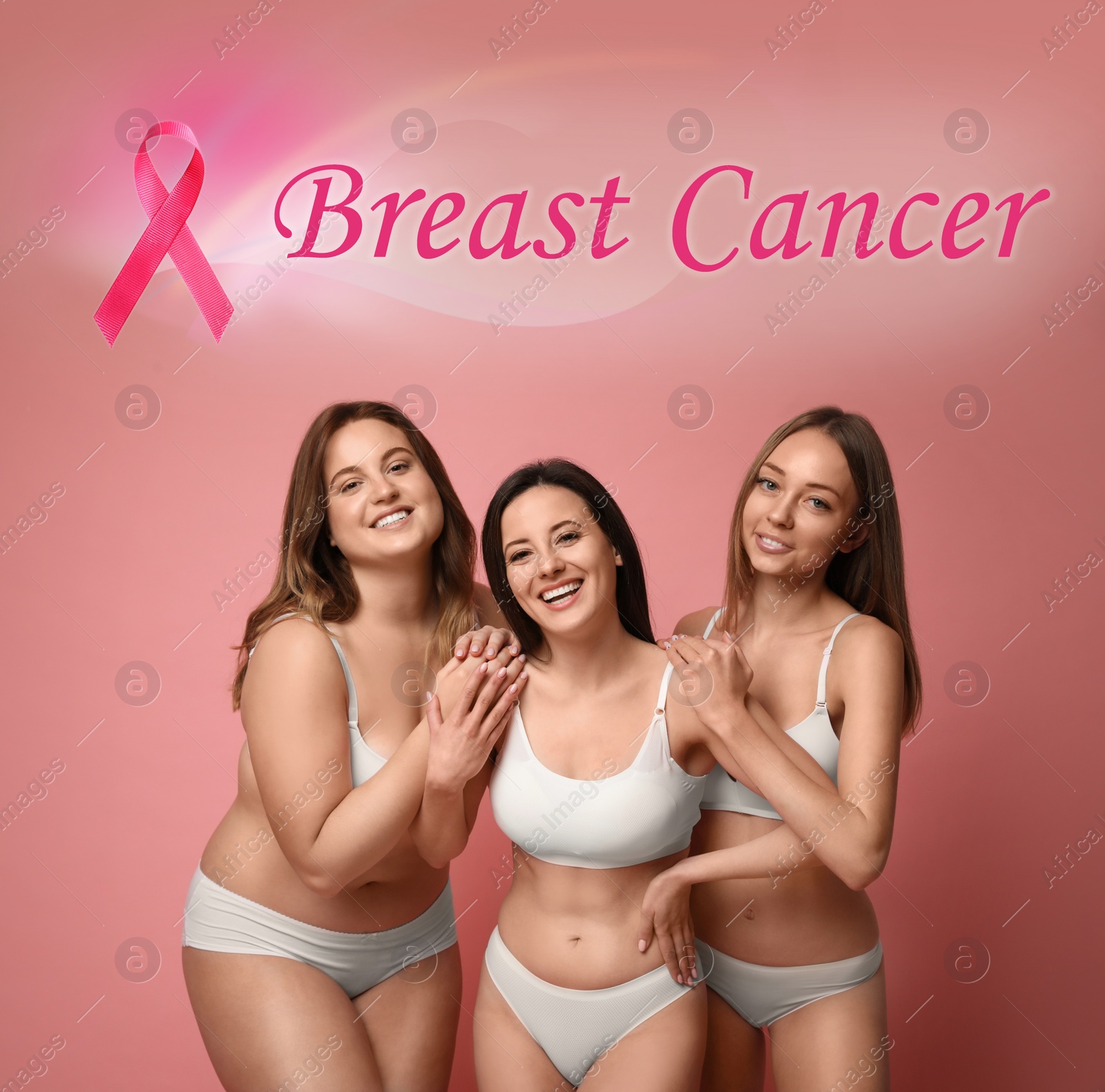 Image of Breast cancer awareness. Group of women in underwear on pink background