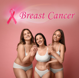 Breast cancer awareness. Group of women in underwear on pink background