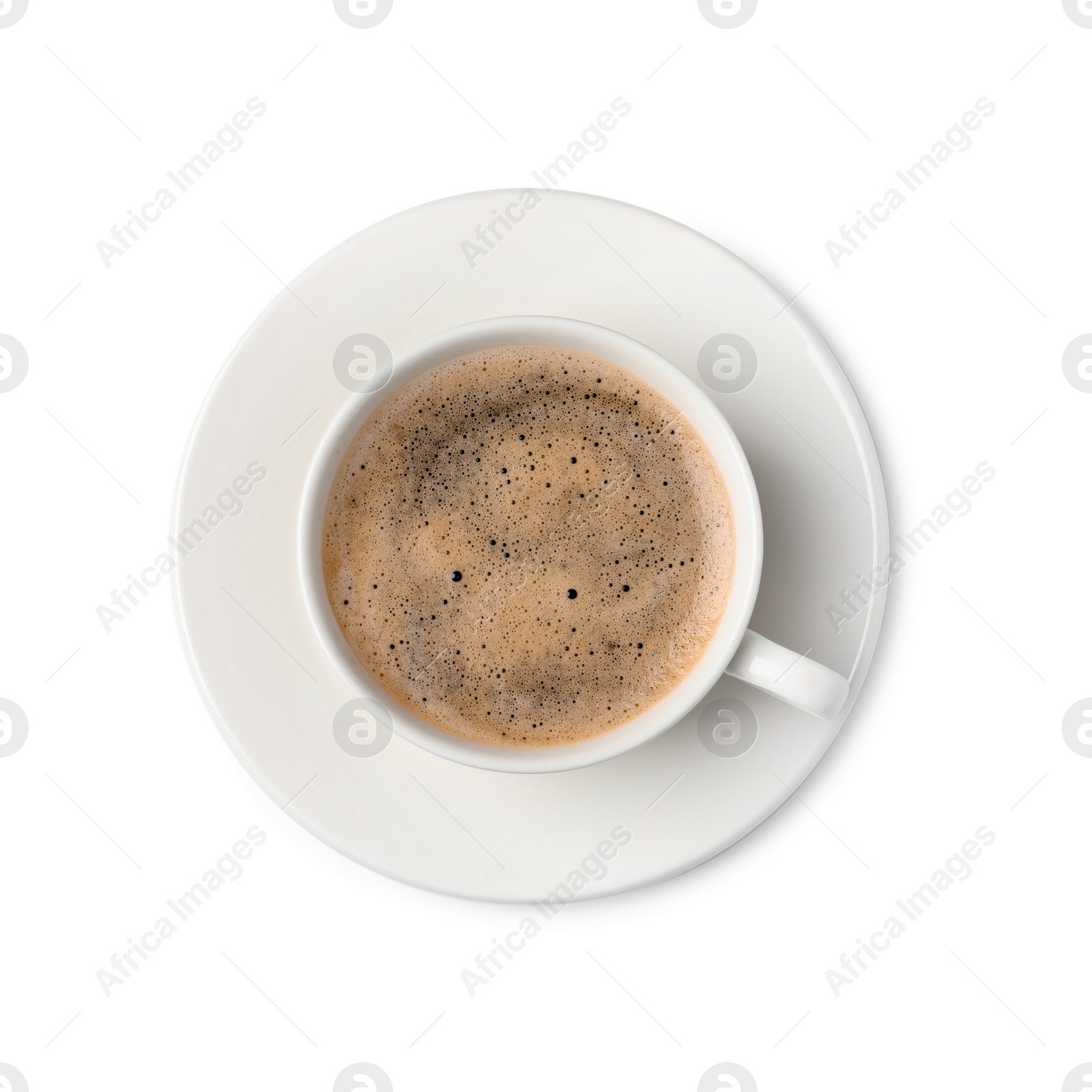 Photo of Tasty coffee in cup isolated on white, top view