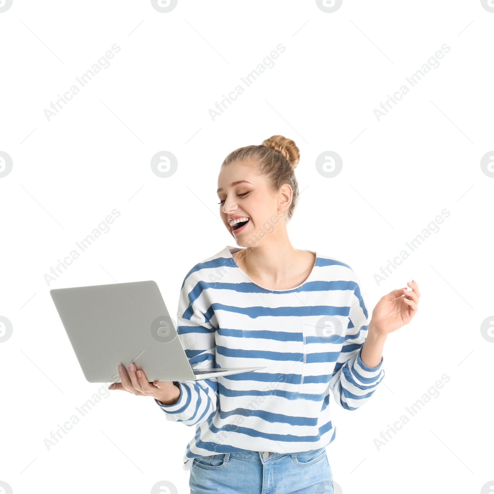 Photo of Portrait of young woman using laptop on white background