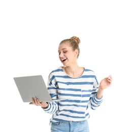 Portrait of young woman using laptop on white background