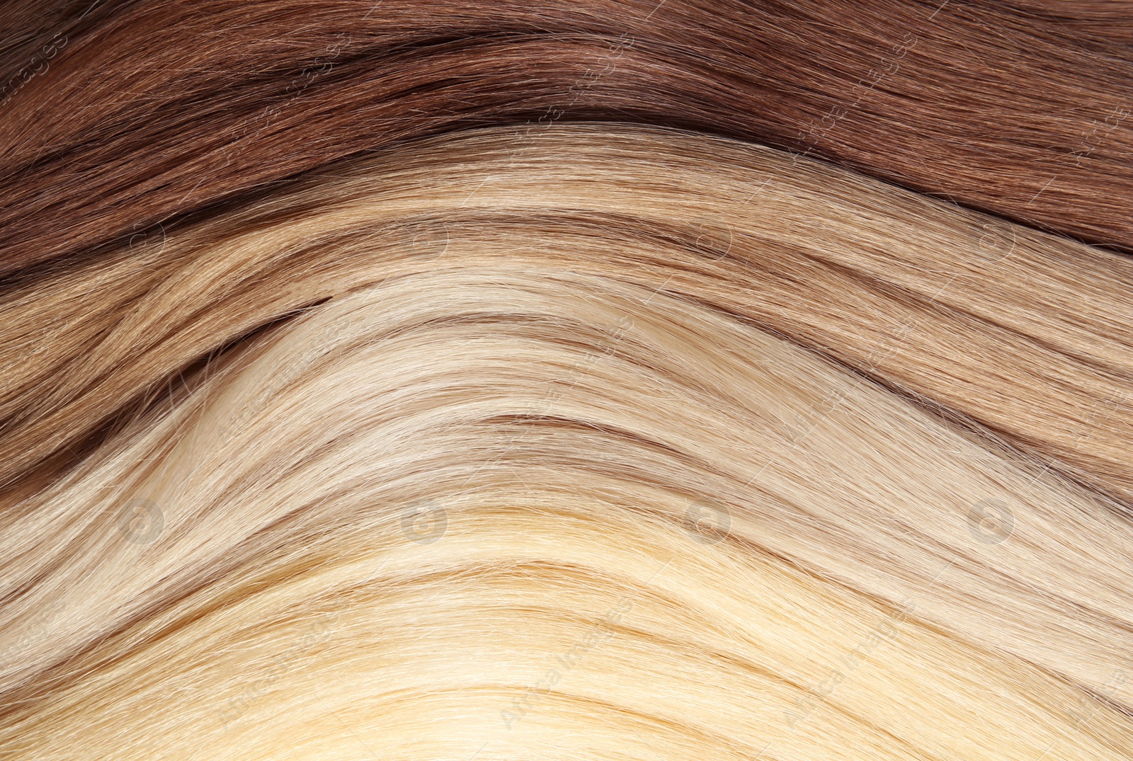 Photo of Strands of different color hair as background, closeup