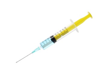 Photo of Disposable syringe with needle and medicine isolated on white