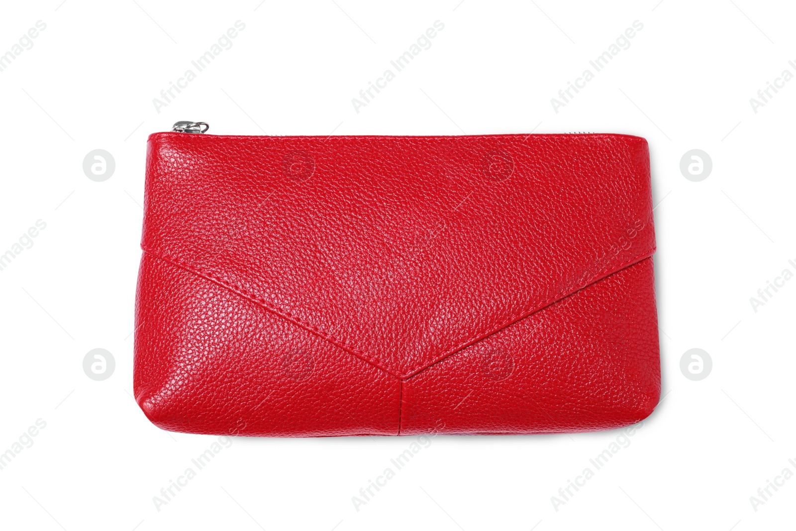 Photo of Red leather cosmetic bag isolated on white, top view