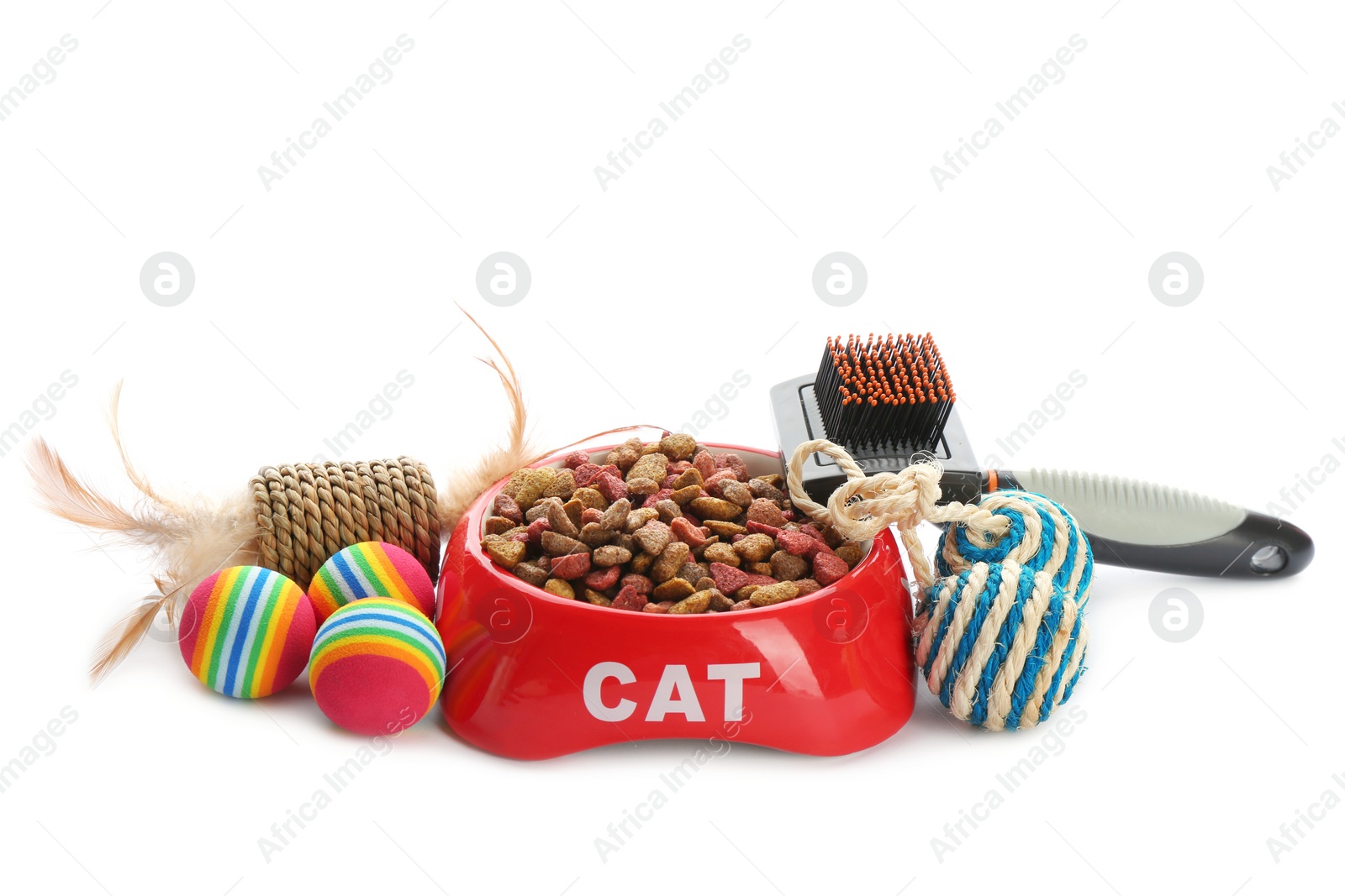 Photo of Cat's accessories and food on white background