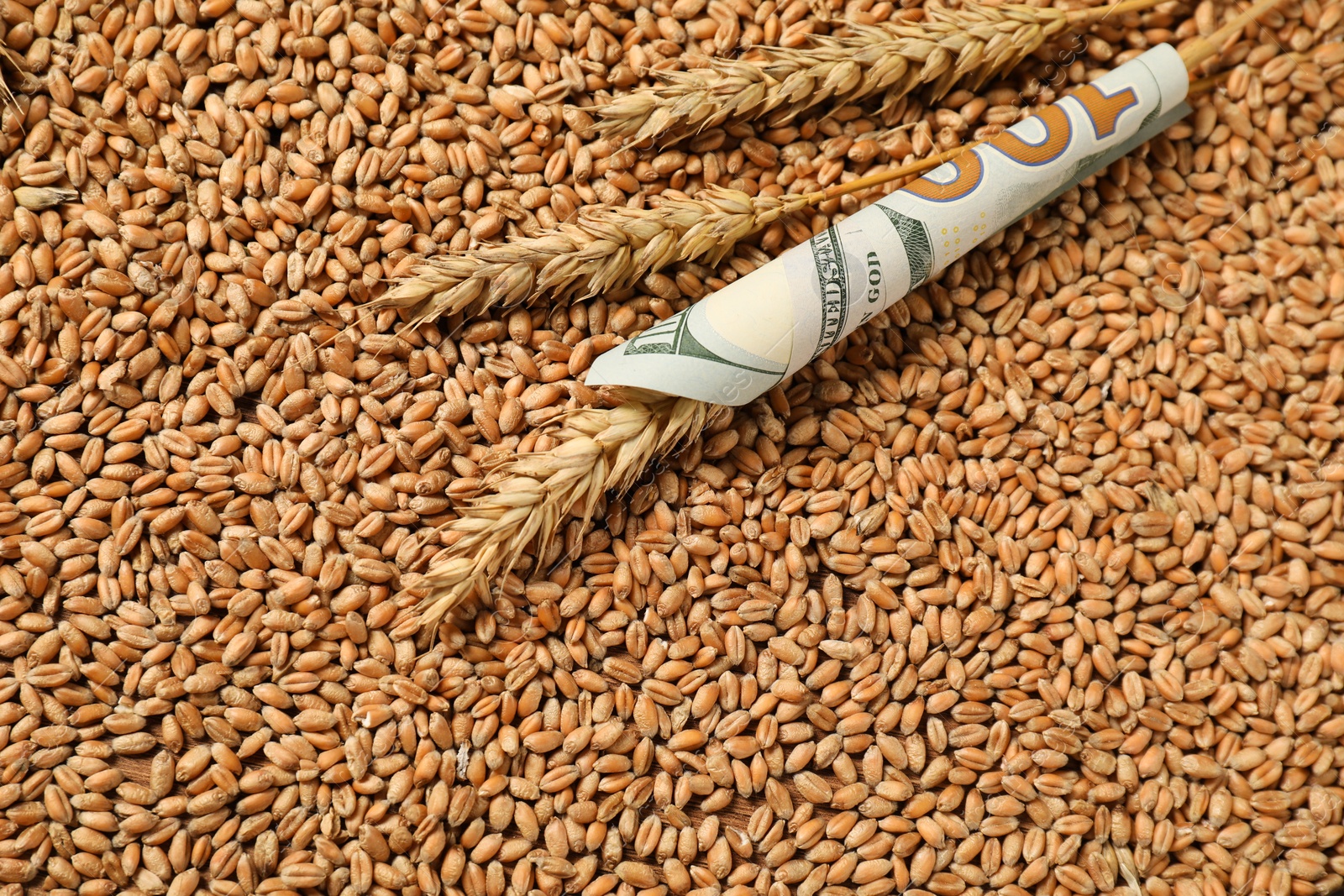 Photo of Dollar banknote and wheat ears on grains, top view. Agricultural business