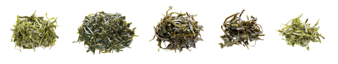 Image of Set with fresh laminaria (kelp) seaweed on white background, top view. Banner design