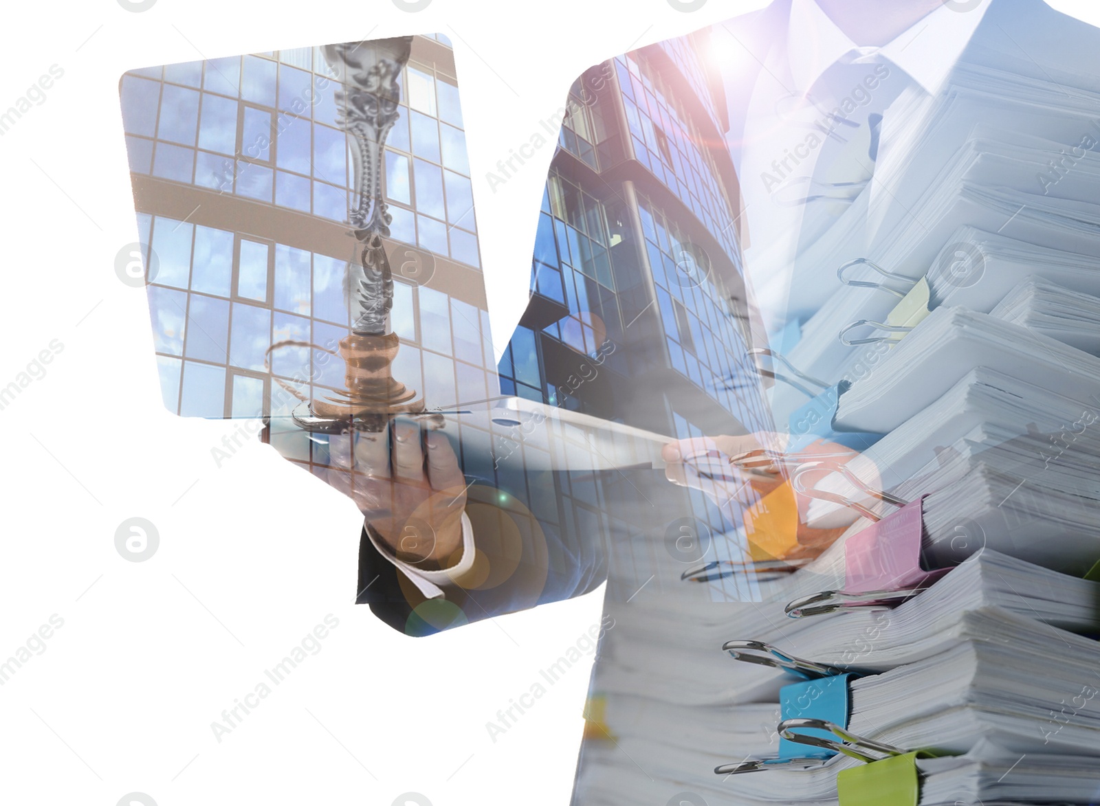 Image of Multiple exposure of man with laptop, documents and building, closeup