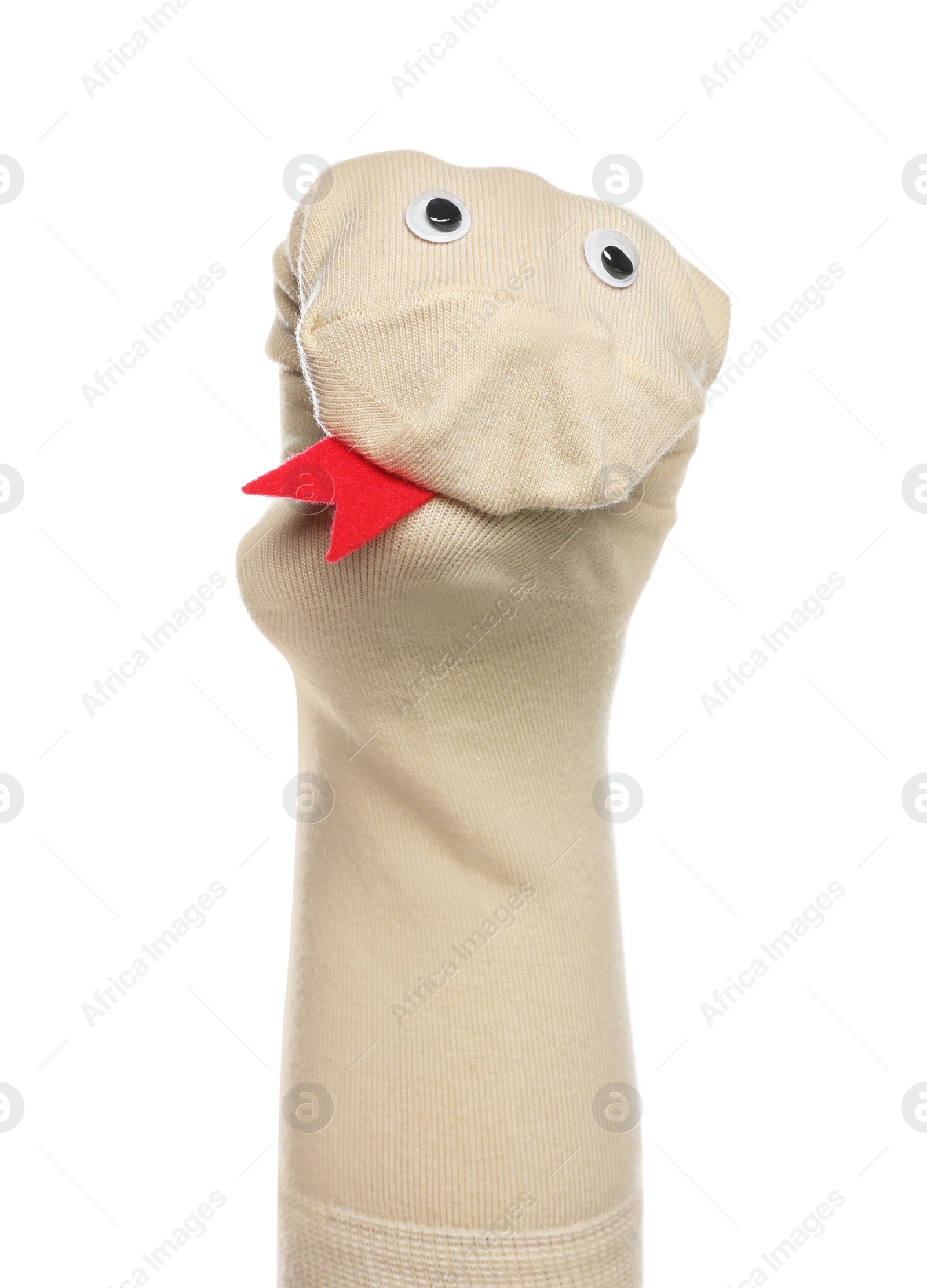 Photo of Funny sock puppet with tongue isolated on white