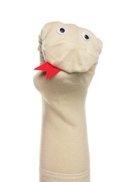 Funny sock puppet with tongue isolated on white