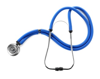 Photo of Stethoscope on white background, top view. Medical device