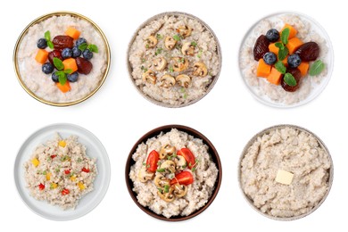 Image of Set of cooked barley groats in bowls on white background, top view