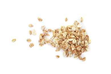 Photo of Raw oatmeal on white background. Healthy grains and cereals