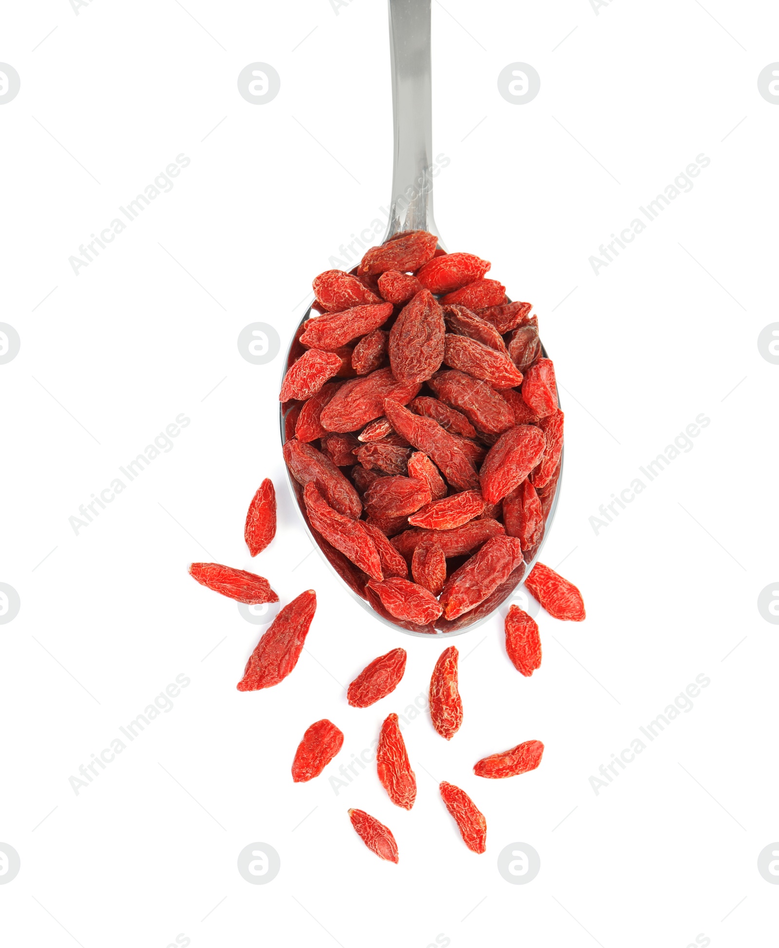 Photo of Spoon of tasty dried goji berries on white background