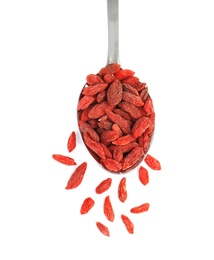 Spoon of tasty dried goji berries on white background