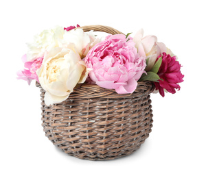 Photo of Beautiful peonies in wicker basket isolated on white