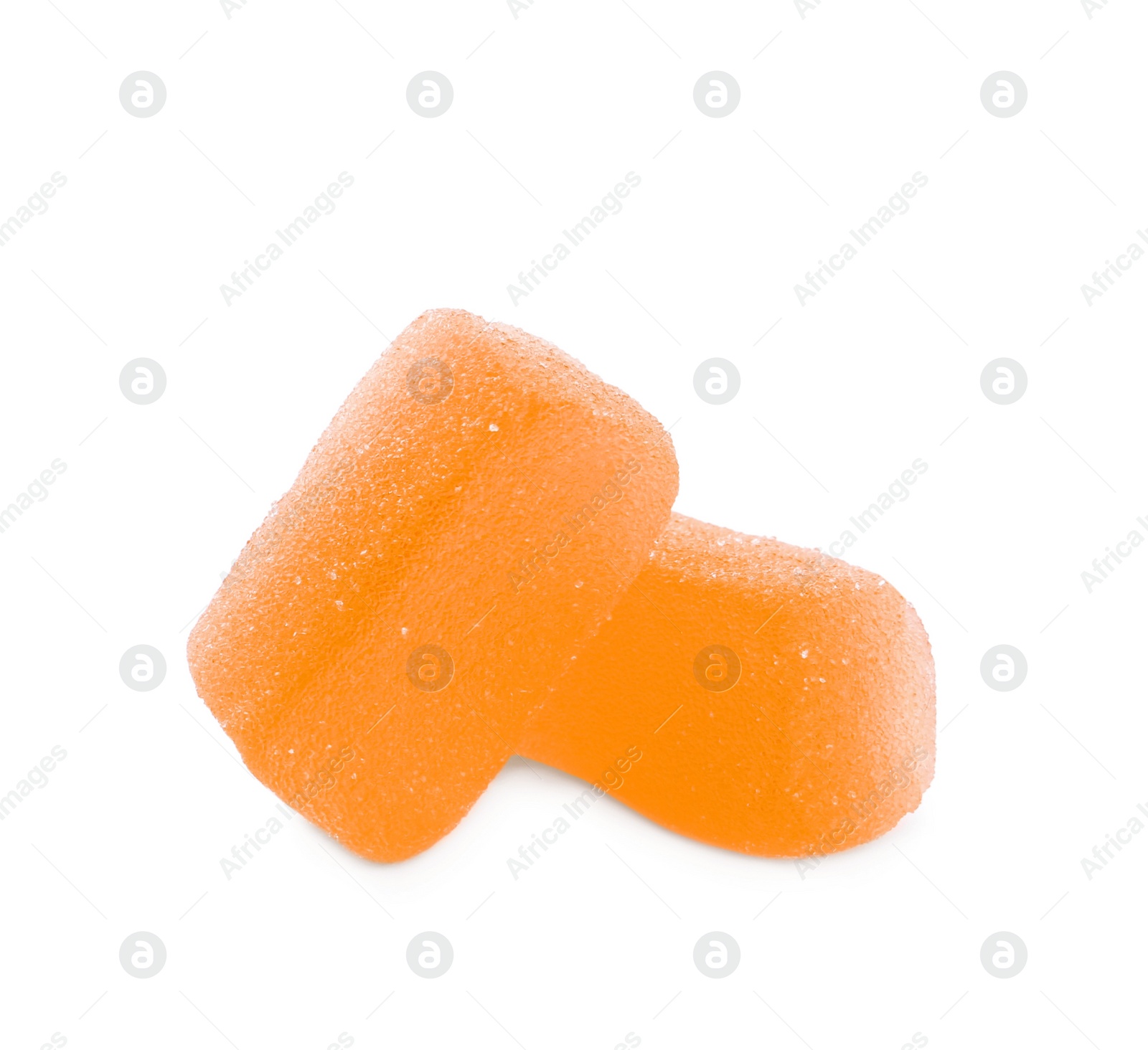 Photo of Tasty orange jelly candies on white background