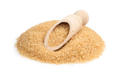 Photo of Pile of brown sugar and wooden scoop isolated on white